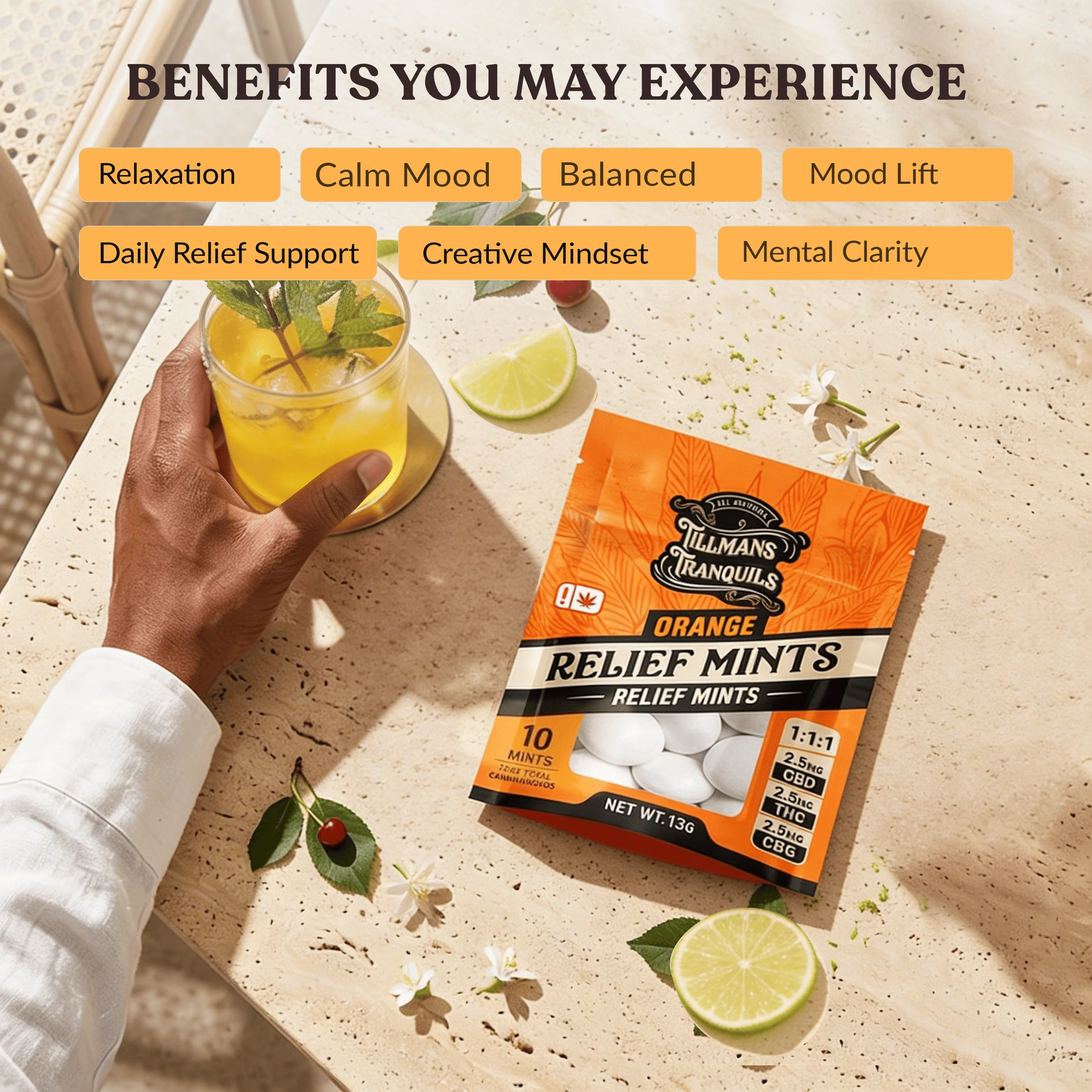 Orange Relief THC Mints - 15mg CBD + 15mg CBG + 2.5mg THC - Image 3